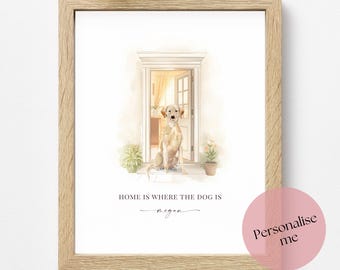 Personalised Yellow Labrador Print, Home Is Where The Dog Is, Watercolour Lab Wall Art, Dog Name Gift, Housewarming Decor