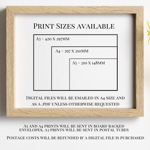 May include: A white text graphic on a wood background showing the different print sizes available for purchase. The sizes are A3 - 420 x 297 mm, A4 - 297 x 210 mm, and A5 - 210 x 148 mm. The text also states that digital files will be emailed in A4 size as a PDF unless otherwise requested. A5 and A4 prints will be sent in board-backed envelopes, and A3 prints will be sent in postal tubes. Postage costs will be refunded if a digital file is purchased.