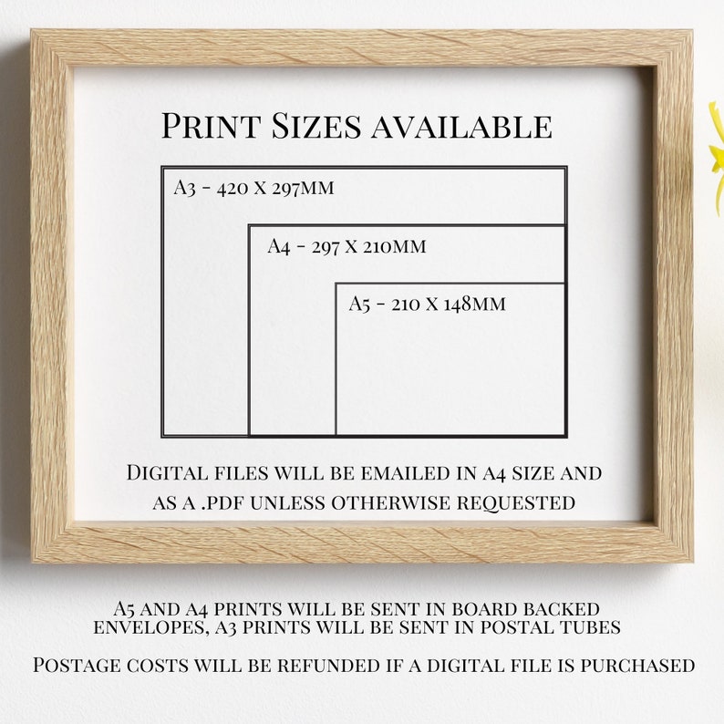 May include: A white text graphic on a wood background showing the different print sizes available for purchase. The sizes are A3 - 420 x 297 mm, A4 - 297 x 210 mm, and A5 - 210 x 148 mm. The text also states that digital files will be emailed in A4 size as a PDF unless otherwise requested. A5 and A4 prints will be sent in board-backed envelopes, and A3 prints will be sent in postal tubes. Postage costs will be refunded if a digital file is purchased.