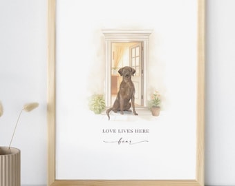 Personalised Chocolate Labrador Wall Art, Love Lives Here Print, Watercolour Lab Decor, Dog Name Keepsake Gift