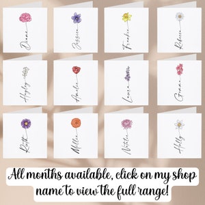 May include: Twelve cards with different floral designs and names written on each card. The names are: Ruth, Hayley, Diane, Mellee, Amelie, Jessica, Natalie, Laura, Frankie, Holly, Gemma, and Rebecca.