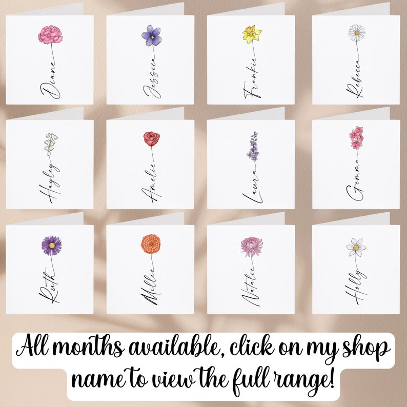 May include: Twelve cards with different floral designs and names written on each card. The names are: Ruth, Hayley, Diane, Mellee, Amelie, Jessica, Natalie, Laura, Frankie, Holly, Gemma, and Rebecca.
