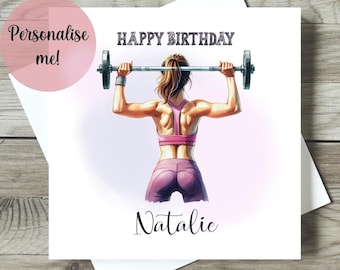 Personalised Birthday Card for Women | Fitness Gym Barbell Design | Custom Name Strength Training Birthday Card | Workout Gift for Her