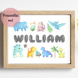 Personalised Dinosaur Name Print, Custom Boys Wall Art, Nursery Decor, Dino Bedroom Print, Baby Boy Gift, Playroom Dinosaur, Kids Name Sign