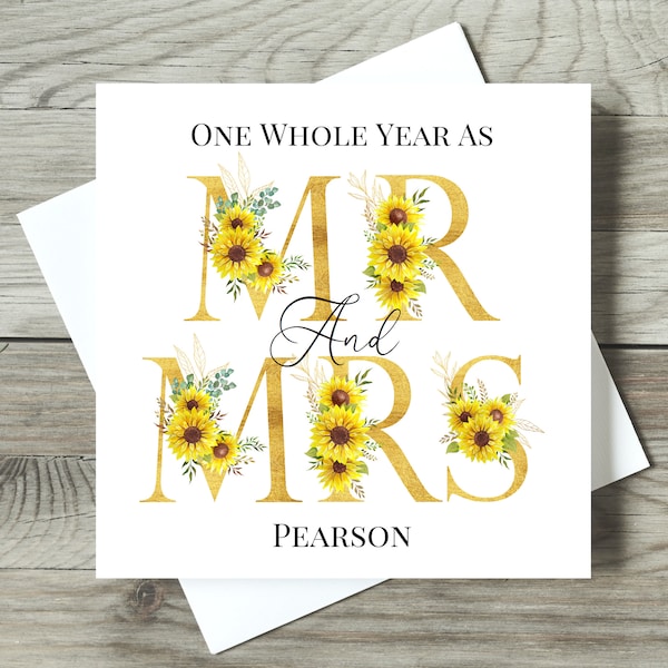 Personalised 1st Anniversary Card, Sunflower Greeting Card, Paper Anniversary Card, First Wedding Anniversary Cards, Couple Anniversary