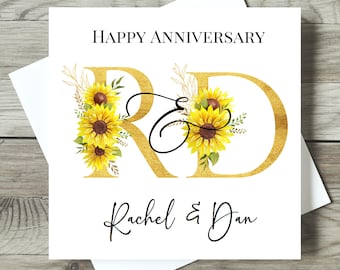 Personalised Anniversary Card, Sunflower Greeting Card, Monogram Initial Card, Floral Anniversary Card, Gift for Couple, Special Unique Card