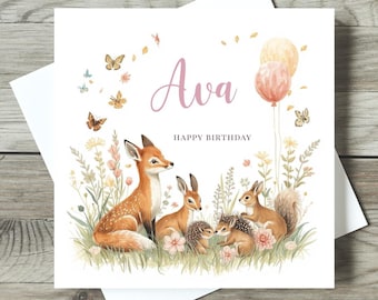 Personalised Woodland Animal Birthday Card for Girl, Fox Deer Bunny Hedgehog Card, Custom Name Kids Birthday Card