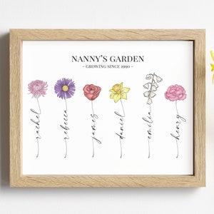May include: A white framed print with the text "Nanny's Garden - Growing Since 1990" and six different flowers with names written underneath each flower: Rachel, Rebecca, James, Daniel, Emilia, and Henry.