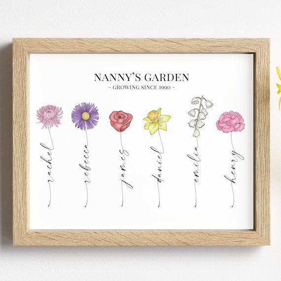 Nanny's Garden Print, Customised Birth Flower Print, Grandparent Present Ideas, Personalised Nan or Nanny Gift, Digital & Physical Available