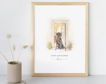 Personalised Black Labrador Wall Art, Love Lives Here Print, Watercolour Lab Decor, Dog Name Keepsake Gift