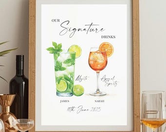 Signature Drinks Wedding Print | Personalised Couples Cocktail Print | Custom Wedding Bar Sign | Engagement Gift | His & Hers Drinks