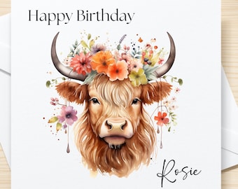Personalised Highland Cow Birthday Card, Custom Name Birthday Card, Floral Cow Greeting Card, Cow Lover Birthday Card for Her, Handmade Card