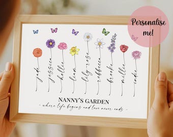 Personalised ‘Nanny’s Garden’ Flower Print with Family Names – Where Life Begins & Love Never Ends