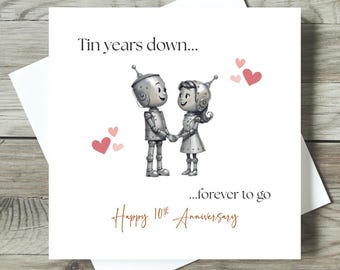 10 Year Tin Anniversary Card – Funny Romantic “Tin Years Down Forever to Go” Card for Husband, Wife or Couple, 10th Wedding Anniversary