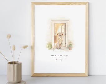 Personalised Yellow Labrador Wall Art, Love Lives Here Print, Watercolour Lab Decor, Dog Name Keepsake Gift