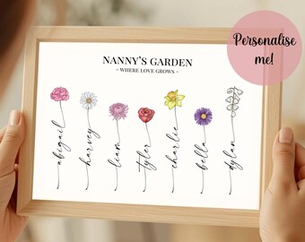Personalised ‘Nanny’s Garden’ Birth Flower Print with Family Names – Digital or Linen Card Option