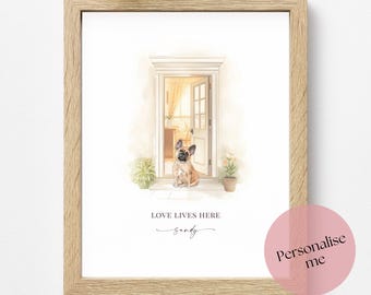 Personalised French Bulldog Wall Art, Love Lives Here Print, Watercolour Frenchie Decor, Dog Name Keepsake Gift