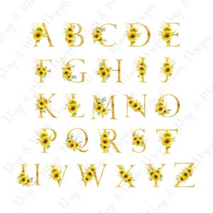 May include: A complete alphabet of golden letters, each decorated with a vibrant sunflower and greenery arrangement. The floral accents feature yellow sunflowers and green leaves, creating a decorative design on a white background.