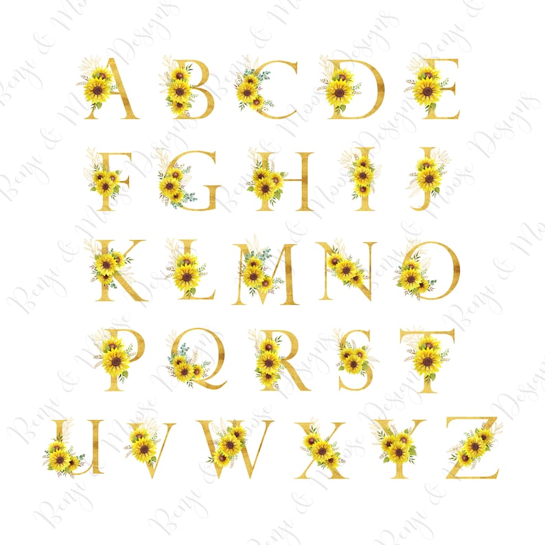 May include: A complete alphabet of golden letters, each decorated with a vibrant sunflower and greenery arrangement. The floral accents feature yellow sunflowers and green leaves, creating a decorative design on a white background.