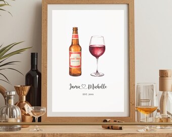 Personalised Anniversary Drinks Print | His and Hers Drink Illustration | Custom Couple Gift | Wedding Anniversary Gift