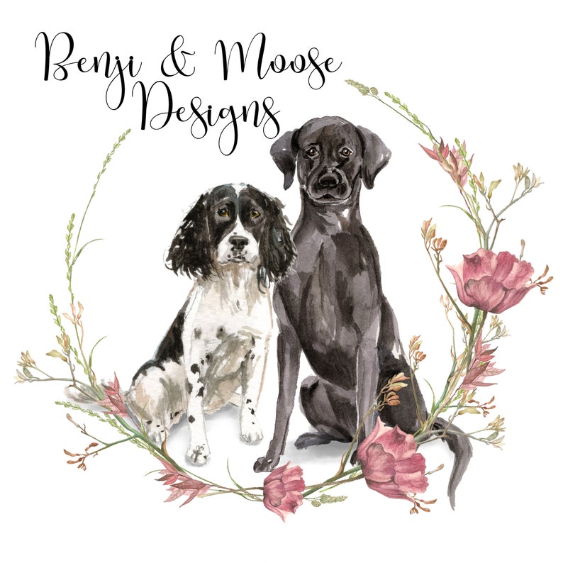 May include: Watercolor painting of two dogs, a black Labrador Retriever and a black and white Springer Spaniel, sitting in a wreath of pink flowers and green leaves. The text "Benji & Moose Designs" is written above the dogs.