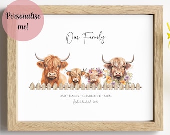 Highland Cow Family Print – Personalised Our Family Name Print, Rustic Farmhouse Wall Art, Mother's Day Gift, Country Home Decor, Birthday