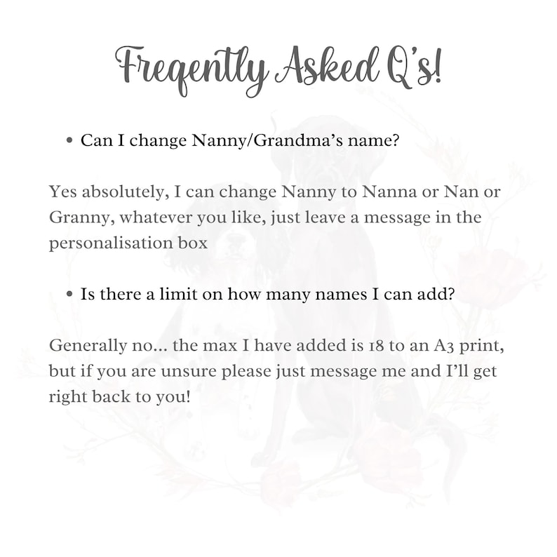 May include: Frequently Asked Questions about personalized prints.  The text asks if the name "Nanny" or "Grandma" can be changed and if there is a limit on the number of names that can be added.  The text states that the maximum number of names added is 18 on an A3 print.