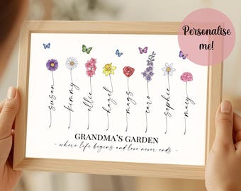 Personalised ‘Grandma’s Garden’ Flower Print with Family Names – Where Life Begins & Love Never Ends