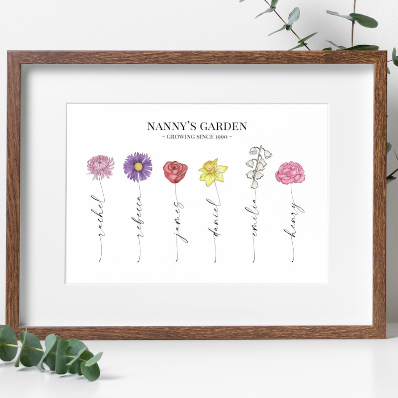 May include: A framed print with the text "Nanny's Garden - Growing Since 1990" and six different flowers with names written underneath each flower: Rachel, Rebecca, James, Daniel, Emilia, and Henry.