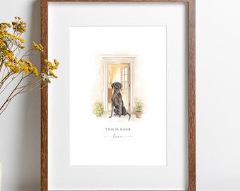 Personalised Black Labrador Print, This Is Home Quote, Watercolour Lab Wall Art, Custom Dog Name, Housewarming Gift