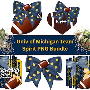 May include: A digital graphic bundle featuring footballs with bows, a football helmet, and decorative elements. The footballs are brown with white stripes and adorned with blue bows decorated with yellow hearts. The text "Univ of Michigan Team Spirit PNG Bundle" is also included.