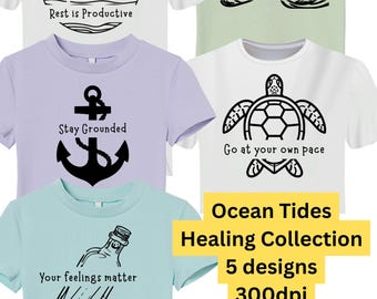 オーシャンタイズヒーリングコレクションPNGバンドル、メンタルヘルスアファメーションセット、ビーチ風ステッカー - 5デザイン - デジタルダウンロード