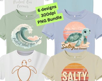 Küstenwellen, Meeresschildkröten und Sommer PNG Bundle # 2 (6 Designs), Sommerferien Design, Sommer Sublimationsgrafik - Digitaler Download