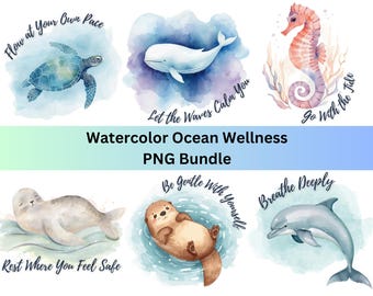 心の健康を促す海の動物PNGバンドル - ステッカー、Tシャツ、ギフトに最適な、優しいセルフケアと肯定的な言葉 - すぐにダウンロード