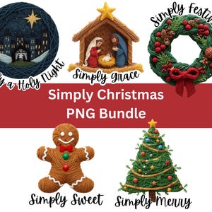 Puede incluir: Un conjunto de imágenes PNG con temática navideña, que incluye una corona, un hombre de jengibre, un árbol de Navidad y un belén. Las imágenes están etiquetadas con frases como "Simply Festive" y "Simply Sweet". El texto central dice "Simply Christmas PNG Bundle".