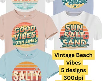 Vintage Strand PNG Bundle (5 Designs), Retro Strand Shirt Design, Küstensommer Sublimationsgrafik, Ozean Urlaub Druck - Digitaler Download