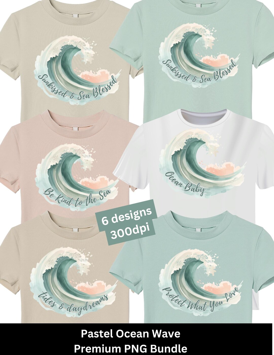 Soft Pastel Ocean Wave PNG Bundle (6 Designs) – Costal Aesthetic Summer