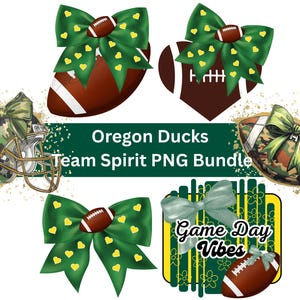 Pode incluir: Um pacote de gráficos digitais com ilustrações de futebol americano, incluindo laços verdes, bolas castanhas, um capacete camuflado e uma bola em forma de coração. O texto diz Oregon Ducks Team Spirit PNG Bundle e Game Day Vibes.
