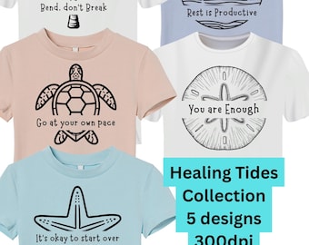 ヒーリングタイズPNGバンドル、沿岸メンタルヘルスアファメーション、オーシャンセルフケア引用セット、ビーチ美的デザイン - デジタルダウンロード