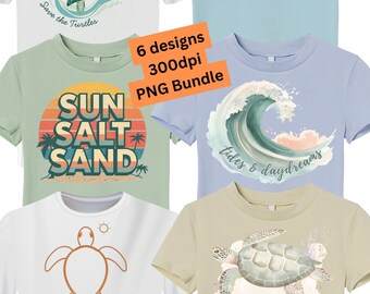 Küstenstrand, Schildkröten, Wellen PNG Bundle # 1 (6 Designs), trendiges Strand-Shirt-Design, Küstensommer-Sublimationsgrafik - Digitaler Download