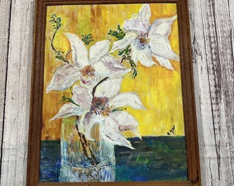 White Flower Painting Vase Still Life Yellow Framed Expressionist Lilies Floral