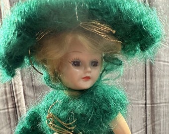 Vintage 8" doll w/ Hand Knitted Crocheted Green dress bonnet eyes open