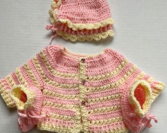 Handcrafted Crochet Dress Pink Cream Sweater Booties Cap Preemie Woolen Wear L-8"