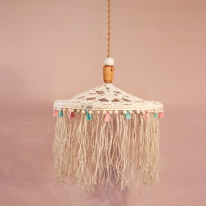 Pendant lamp Cream 73 Crochet pompoms fringe jute