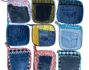 conjunto de agarraderas denim patchwork hecho a mano upcycling jeans usados