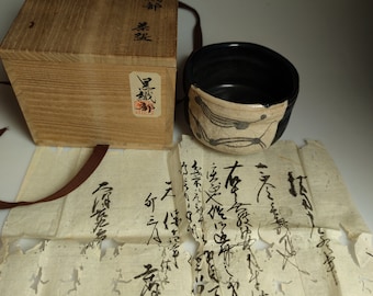 Antique Japanese Kuro-Oribe Matcha tea bowl  Edo period.