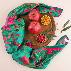 Majestic Pomegranate. Emerald Silk scarf with Azerbaijani soul. Pomegranate ornaments.