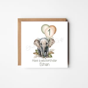 Carte d'anniversaire d'éléphant, carte de safari, n'importe quel âge, personnalisé n'importe quel nom