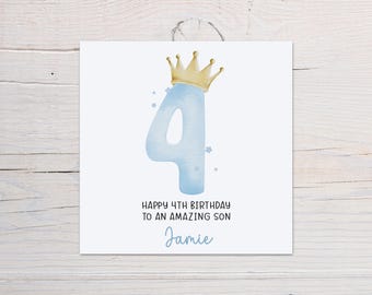 Personalised 4th Birthday Card for Boys, Custom Name Age Four Card, Blue Crown Birthday Card, Son Grandson Nephew