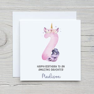 Carte personnalisée de 2e anniversaire pour elle, carte de licorne, carte de deuxième anniversaire, deux aujourd'hui, carte pour fille, petite-fille, nièce, soeur
